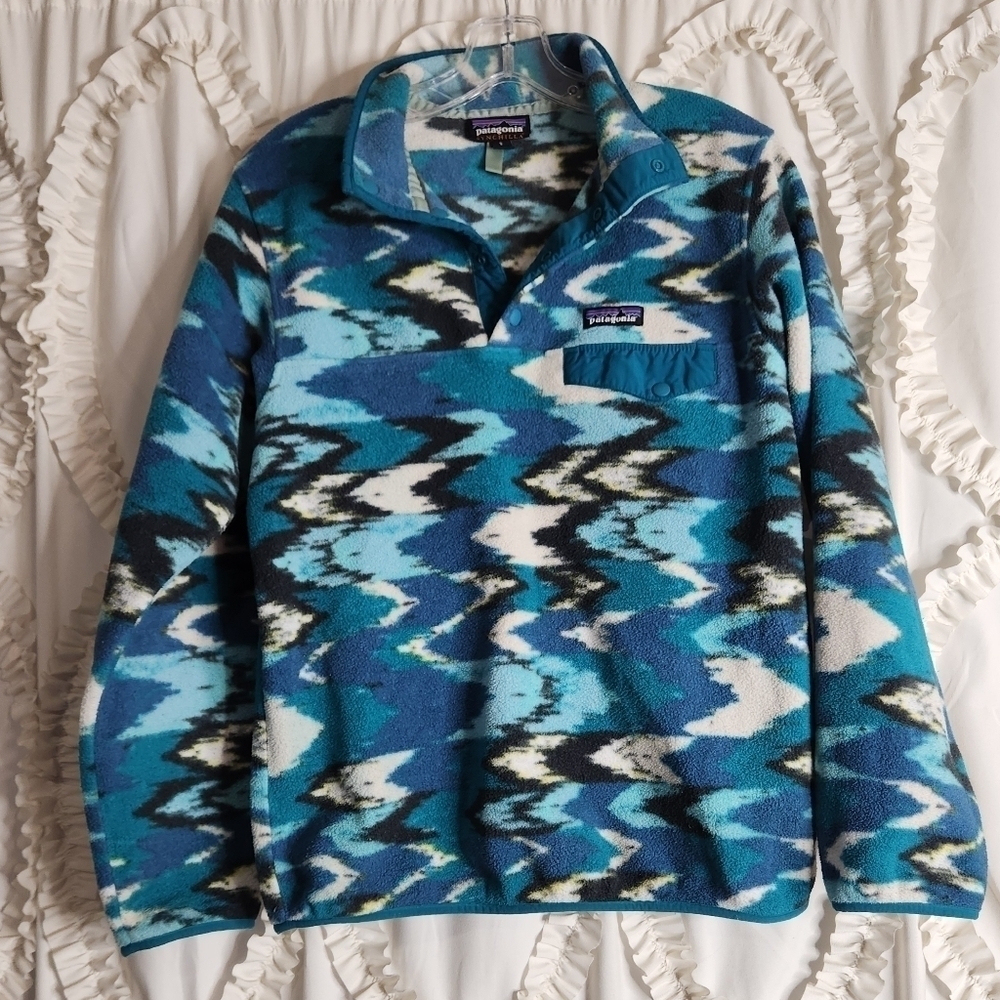 Patagonia Vtg Synchilla Trout Tales Elwha Blue Snap T Fleece Sweater Sz S